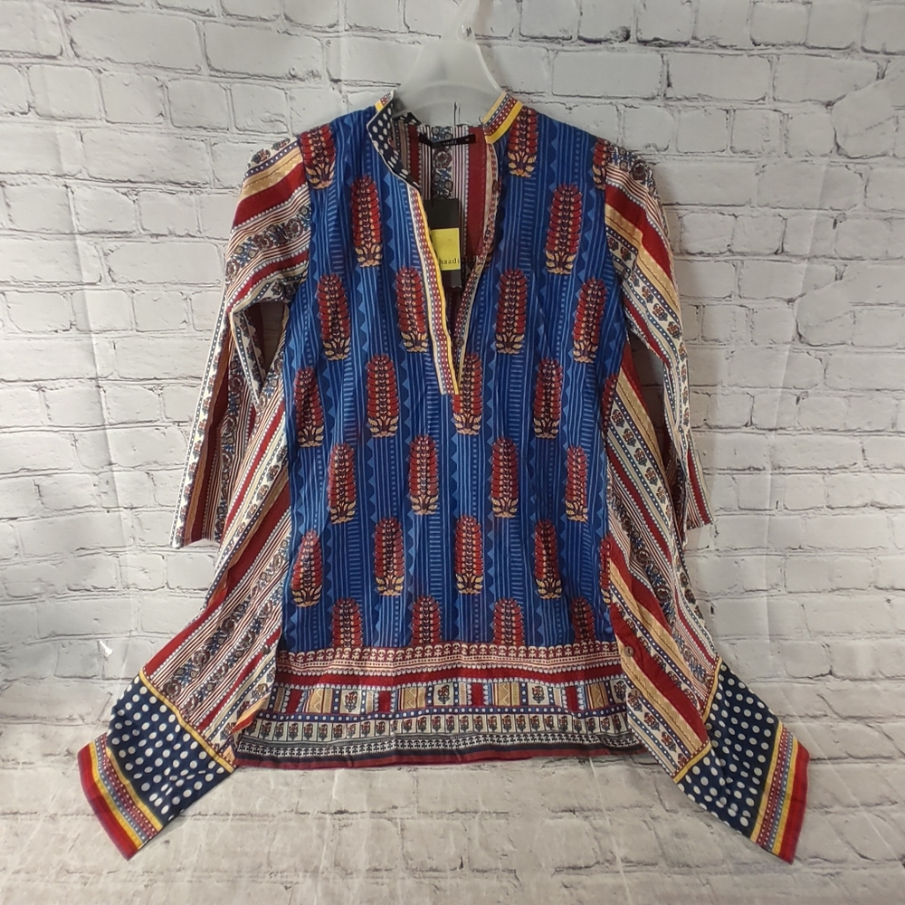 Khaadi Kurta Tunic Gold Blue Burgundy Worldly Size 10 NWT